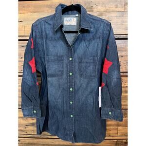 SANDRINE ROSE Women's L/S Denim Boyfriend Shirt w/Red Embroidered stars Sz M NWT